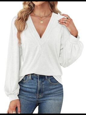 Women’s White V-Neck Wrap-Style Blouse with Balloon Sleeves